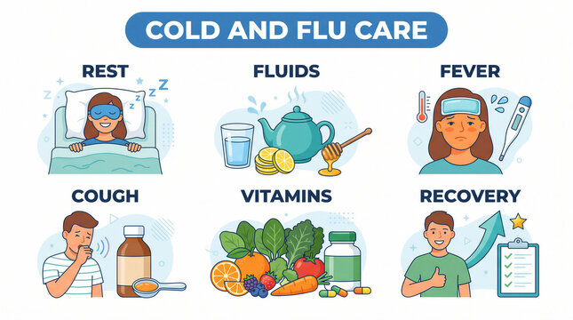 cold and flu care infographic with rest, hydration, fever monitoring, cough treatment, vitamins and recovery guidance for seasonal illness prevention and home healthcare.
