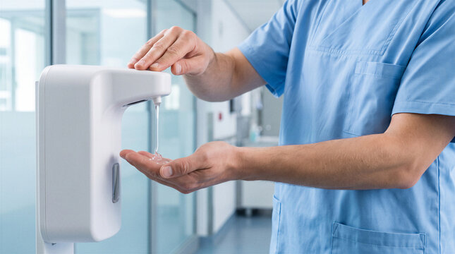 Healthcare worker in blue scrubs dispensing hand sanitizer from wall mounted dispenser in clinical hallway, emphasizing hygiene, infection control and hospital safety.