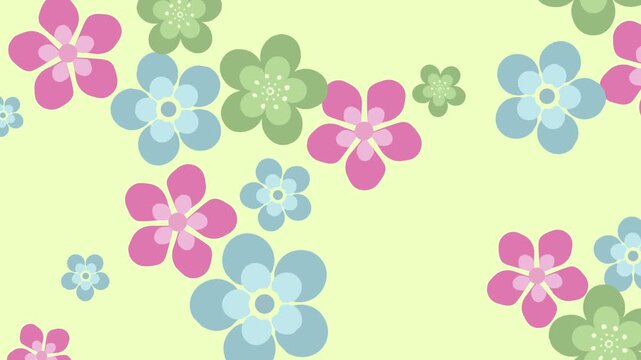 4k Footage animation of abstract flowers with floral blooming rotating gently repeating design on green background. 