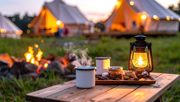 Cozy glamping campsite at sunset with vintage lantern, hot drinks, and campfire