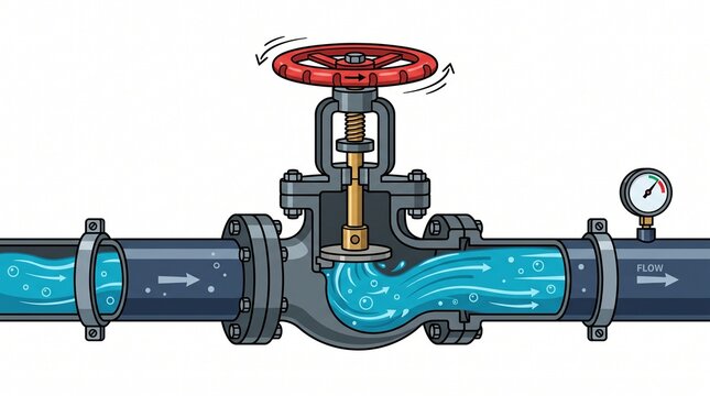 Cartoon gate valve on a pipe with flowing water and pressure gauge. White background. Single icon style.