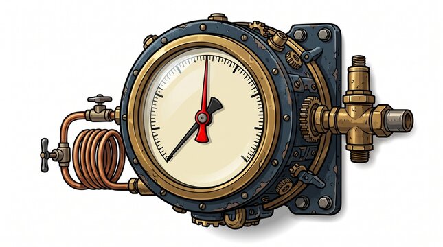 Cartoon steampunk pressure gauge with brass fittings, copper coil, and red needle. White background. Single icon style.