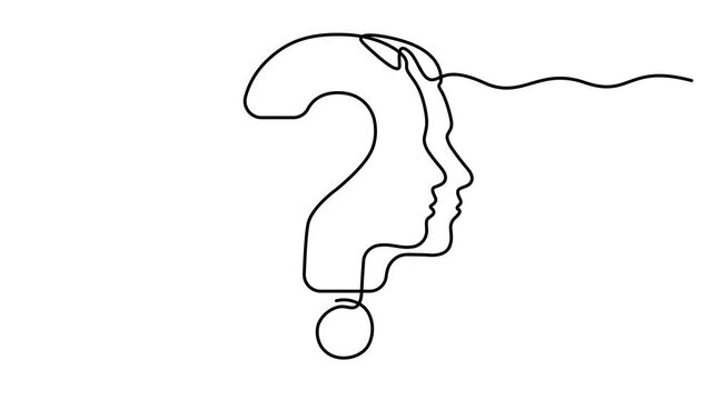 Animated self drawing of continuous line draw head of a man with a question mark. Problems stress illness and depression concept. Full length one line animation. 4K video