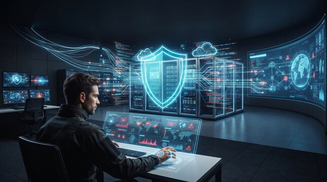 IT security engineer analysing server infrastructure and network hologram perfect for data centre security, server monitoring, and global network protection.