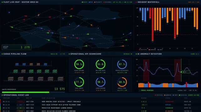Explore a dark-mode Fleet Operations Command Center layout featuring animated visualizations and real-time data metrics, designed for efficient fleet management and operational insights.