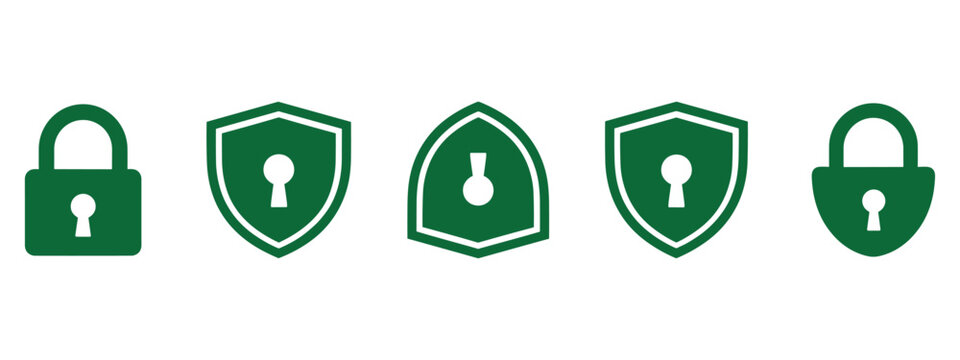 Security and protection icon set green padlock and shield symbols design.