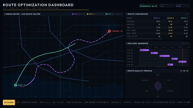 Explore a visually engaging dark-mode Route Optimization Dashboard featuring animated route overlays, dynamic charts, and floating data metrics for urban delivery optimization.