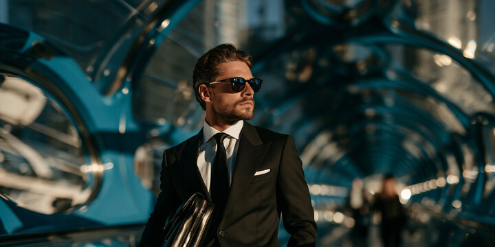 futuristic businessman walking through a blue glass tunnel, elegant executive with briefcase in modern corridor, confident man in black suit exploring futuristic architecture