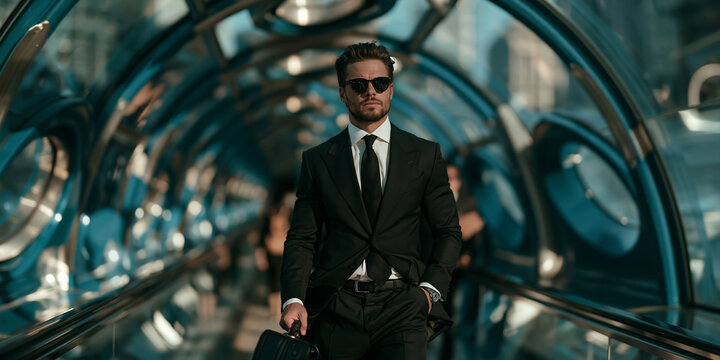 futuristic businessman walking through a blue glass tunnel, elegant executive with briefcase in modern corridor, confident man in black suit exploring futuristic architecture