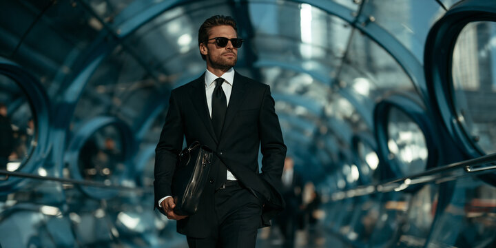 futuristic businessman walking through a blue glass tunnel, elegant executive with briefcase in modern corridor, confident man in black suit exploring futuristic architecture