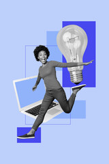 Composite zine pop trend collage of happy businesswoman dance laptop device light bulb idea finding...