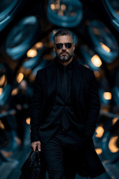 futuristic businessman walking through a blue glass tunnel, elegant executive with briefcase in modern corridor, confident man in black suit exploring futuristic architecture