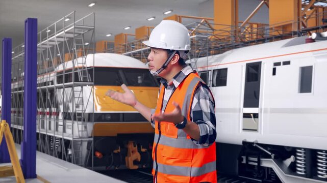 Side View Of Wondering Asian Male Engineer With Safety Helmet Saying Why Working Doubtfully at Train Locomotives Maintenance Depot Scaffolding