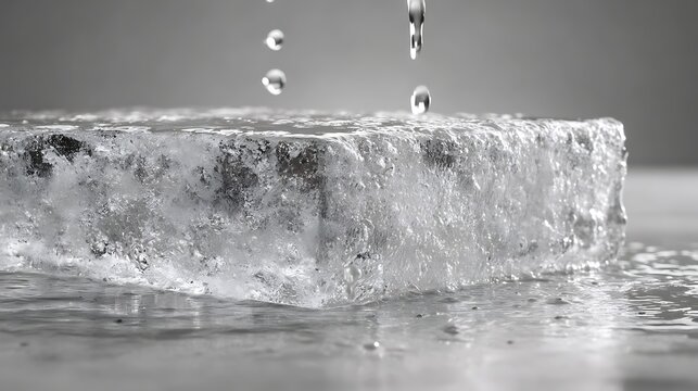 Ice Block Slowly Melting Over Time, Revealing Clear Water Drops and Gradual Changes in Its Frozen Structure