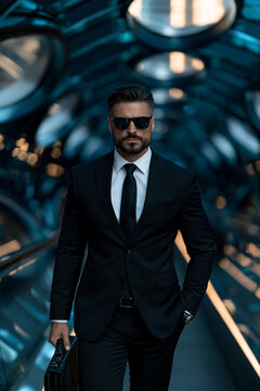 futuristic businessman walking through a blue glass tunnel, elegant executive with briefcase in modern corridor, confident man in black suit exploring futuristic architecture