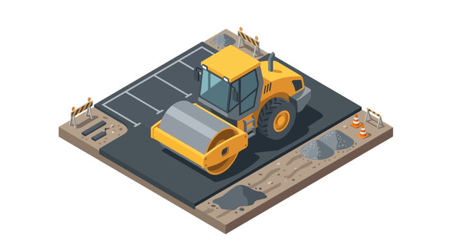 Yellow steamroller compacting asphalt on construction site, isometric view, road building, urban infrastructure development, heavy machinery.