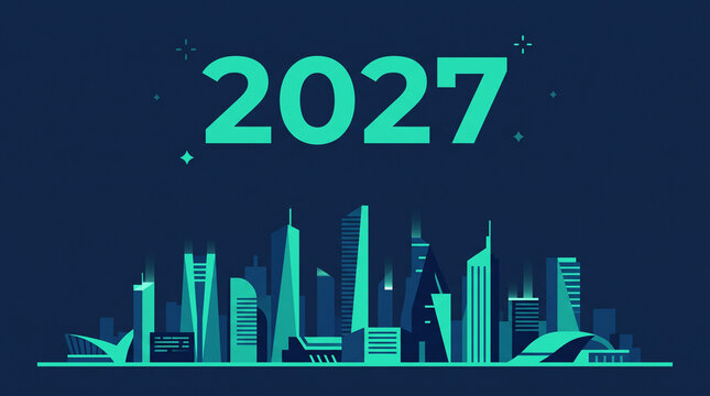 New Year 2027 Corporate Greeting Card with Minimal Futuristic City Skyline in Navy and Teal