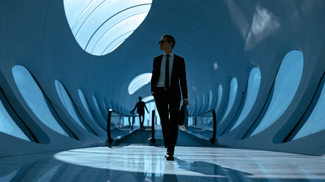 futuristic businessman walking through a blue glass tunnel, elegant executive with briefcase in modern corridor, confident man in black suit exploring futuristic architecture