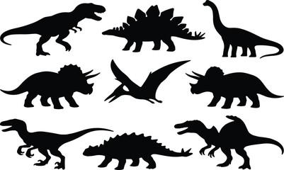 Collection of black prehistoric dinosaur silhouettes featuring tyrannosaurus rex, triceratops, and stegosaurus for design projects © MdFarhad