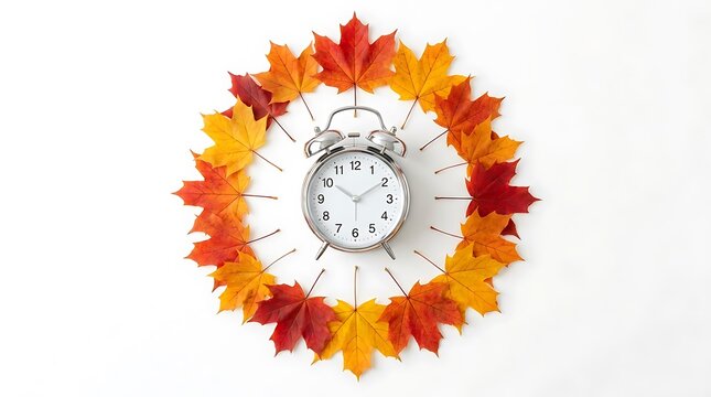 A vintage alarm clock surrounded by a circular wreath of vibrant colorful autumn maple leaves on white