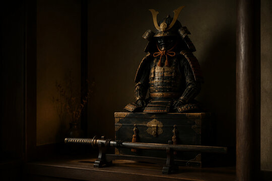 Bushido still life with samurai armor and katana in dark alcove