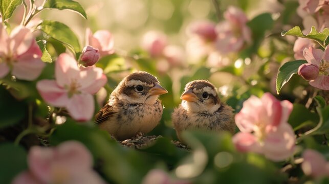 two small birds in pink flowers