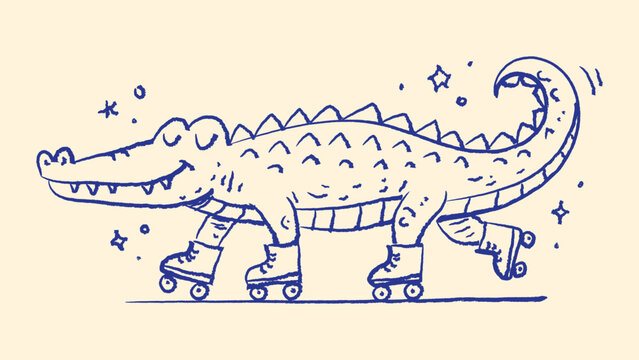 Charming hand drawn blue vector sketch of a funny cartoon alligator rolling on four roller skates with whimsical stars and playful doodle style