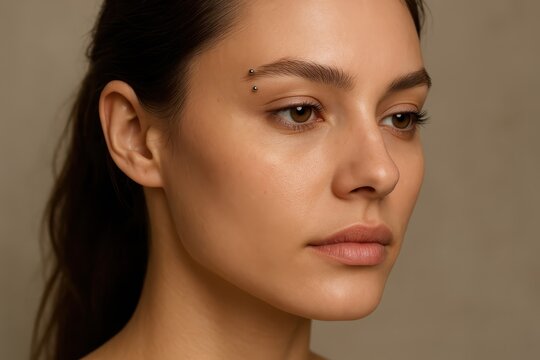 Woman with eyebrow piercing in soft lighting close-up