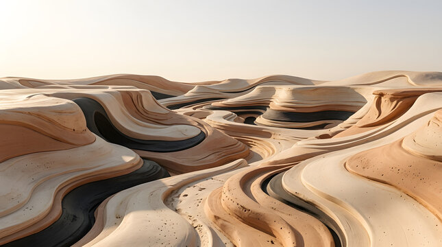 An aerial-style abstract desert landscape with smooth layered curves and flowing terrain in warm beige and brown tones, creating a natural topographic pattern.