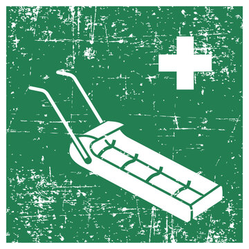 Rescue toboggan, ISO 7010 E071 Safe Condition Evacuation Sign, Distressed Grunge Texture, Weathered Worn Safety Pictogram, Green Evacuation Fire Warning Symbol