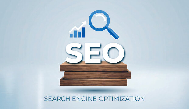 Search engine optimization concept with wooden blocks and icons