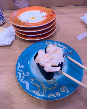 Fresh gunkan sushi with shrimp at Japan restaurant