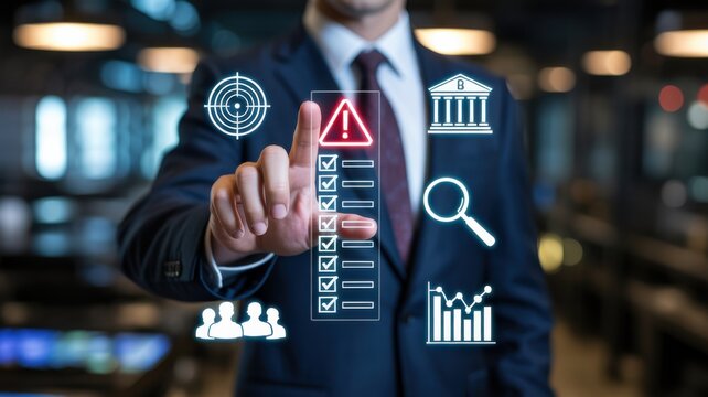 A Professional Businessman Interacting With Digital Financial Risk Management Icons On Screen