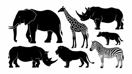 Fototapeta premium Black and white line art illustration of a group of african animals including elephants giraffes zebras rhinos in a savanna setting with savanna wildl