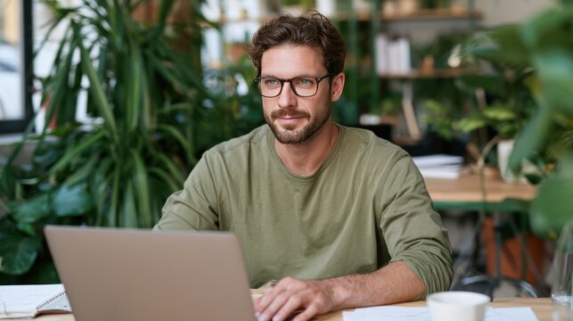 A man with a beard and glasses wearing a green shirt sits at a desk with a laptop in front of him. He is surrounded by many green plants.