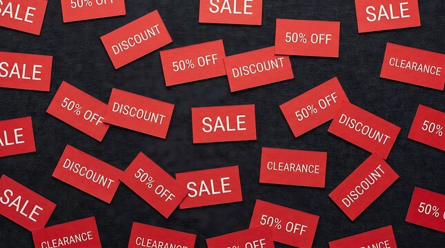 Background pattern of red rectangular sale tags scattered on a dark black textured surface for shopping