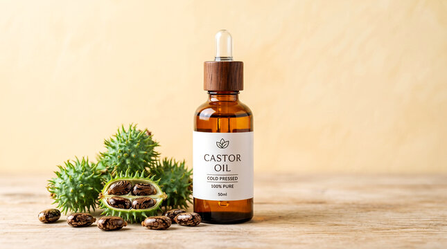 castor oil in bottle with castor fruit and beens, soft cream yellow background