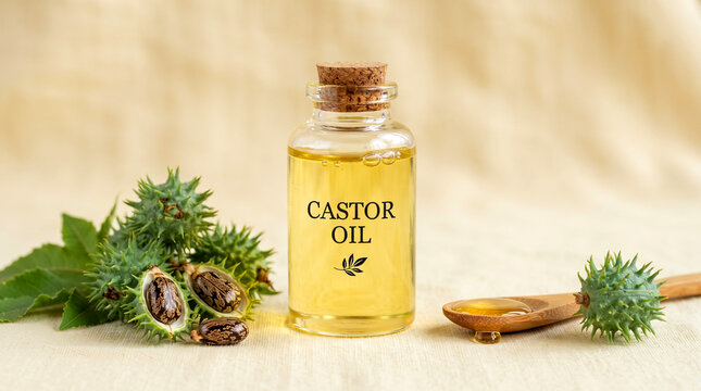 castor oil in bottle with castor fruit and beens, soft cream yellow background