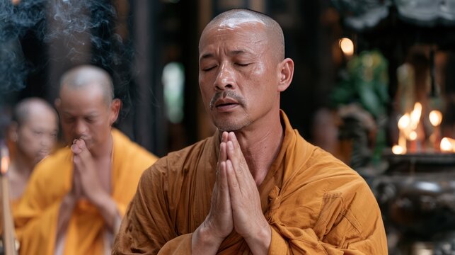 A Buddhist monk in an orange robe meditates with his hands clasped in prayer, eyes closed, surrounded by the soft glow of incense smoke and candlelight inside a temple