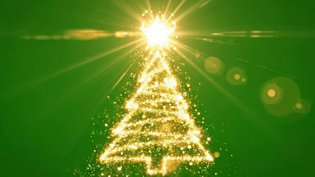 Animated golden christmas tree with glowing particles on green screen background, glitter