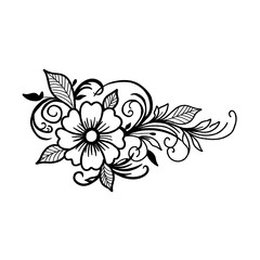 Black and white floral line art motif with blooming flower, swirl flourishes, and leaf elements isolated on white background. Elegant ornamental vector illustration for coloring page, henna, tattoo, o © pungky