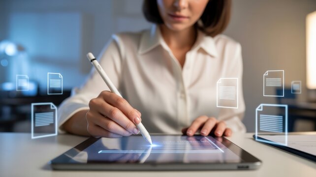 Professional Business Woman Using Digital Stylus Pen To Organize Virtual Document Files