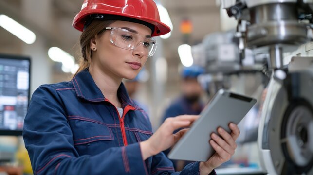 A female engineer in a red hard hat and safety glasses inspects machinery while holding a tablet. She is focused on her work in a factory setting, with other workers in the background