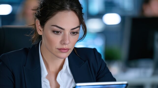 A focused woman in a business suit looking intently at a tablet in a modern office environment. Her expression is serious as she concentrates on her work