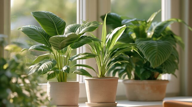 Three potted green plants sit on a windowsill bathed in soft, natural light. The plants have lush, broad leaves, creating a calming and refreshing atmosphere in the home.