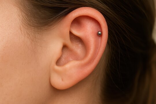 Close-up of woman's ear with forward helix piercing