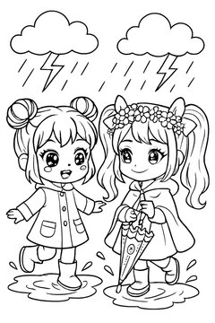 Vertical Kawaii manga style line art of two happy chibi girls in raincoats splashing in puddles during a thunderstorm, a printable rainy day activity page for children.