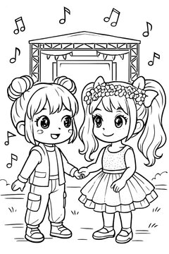 Vertical Kawaii chibi coloring page of two best friends holding hands at an outdoor music festival, a joyful illustration about childhood friendship for children's activity books.