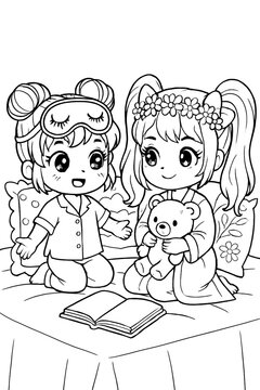 Vertical Kawaii chibi line art coloring page of two best friends in pajamas having a slumber party with a teddy bear and storybook. Printable activity for children's bedtime routine.