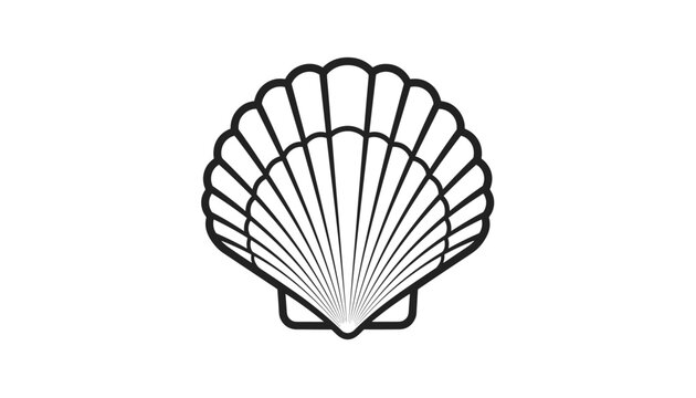 Detailed black and white vector outline of a scallop seashell, perfect for beach and summer themed designs.